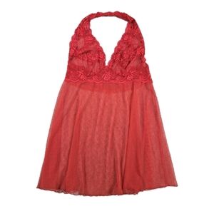 Victorias Secret Babydoll Halter Top Lingerie Red Sexy Lace Sheer Mesh Small